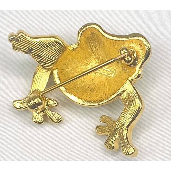 Vintage Monet Big Eyed Frog Brooch Gold Tone Red Green Rhinestone Pin Brooch - Picture 4 of 5